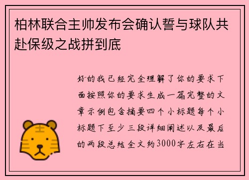 柏林联合主帅发布会确认誓与球队共赴保级之战拼到底 柏林联合主帅发布会确认誓与球队共赴保级之战拼到底